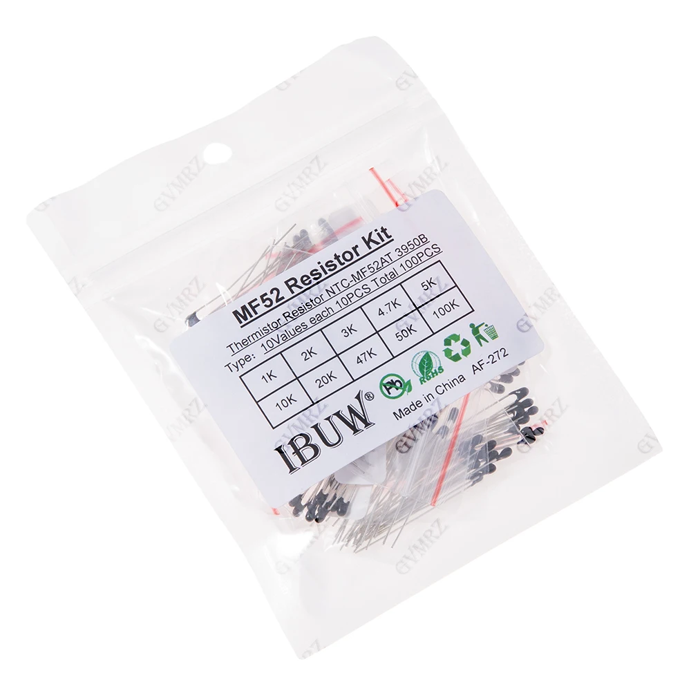 100PCS 10Values MF52 NTC Thermistor Kit 1K-100K 3950B for Temperature Sensing & Circuit Overheat Protection 2K 4.7K 5K 10K 20K