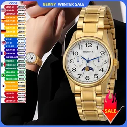 BERNY Gold Watch for Women Easy Read Moon Phase Stainless Steel Luxury Elegant Vintage Quartz Ladies Wrist Watches Calendar