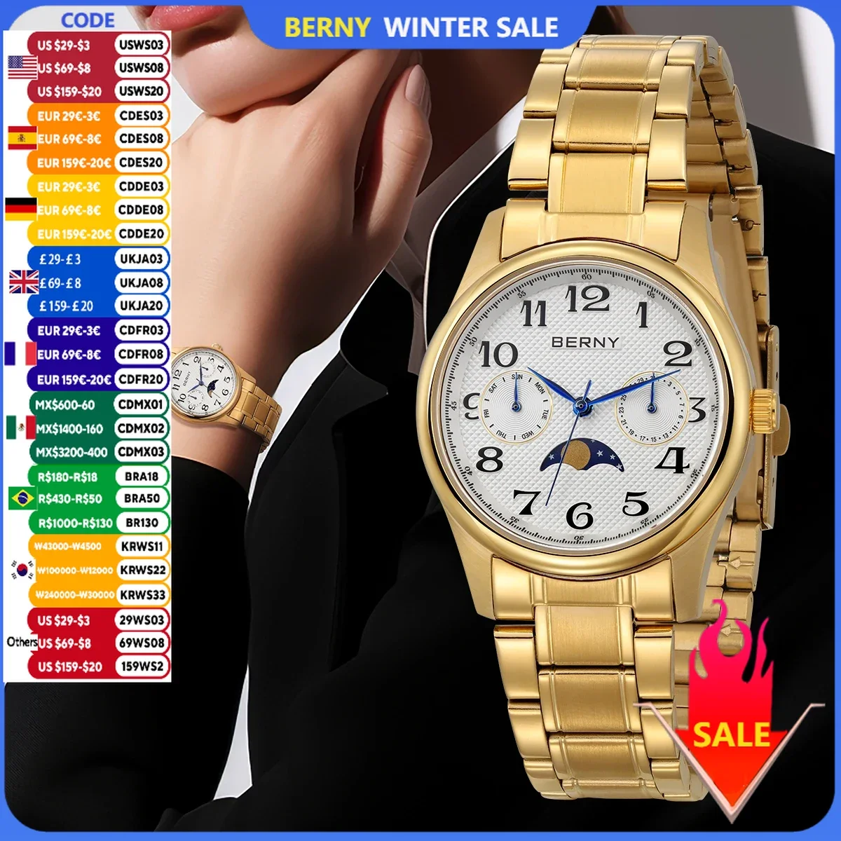 BERNY Gold Watch for Women Easy Read Moon Phase Stainless Steel Luxury Elegant Vintage Quartz Ladies Wrist Watches Calendar