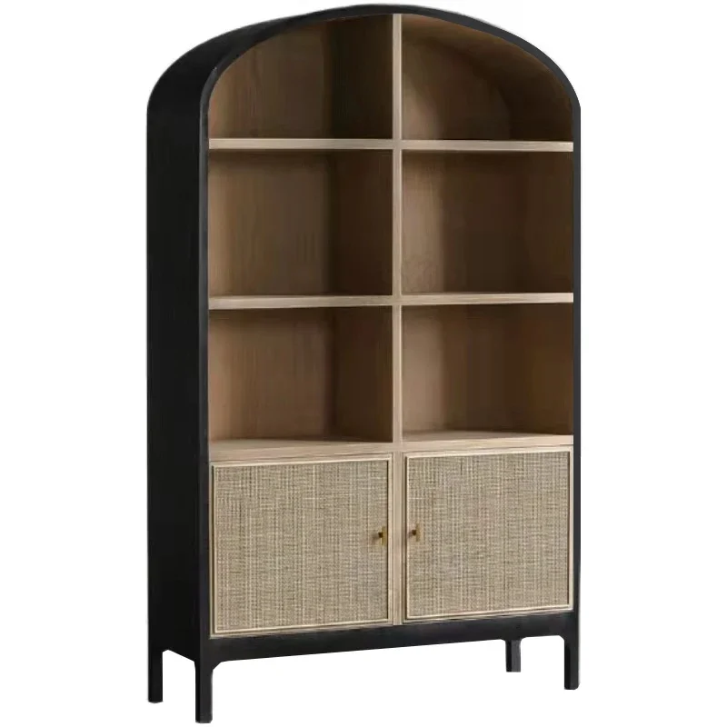 Wind Rattan Bookcase Living Room Solid Wood Storage Bookshelf Display Cabinet Wall Locker