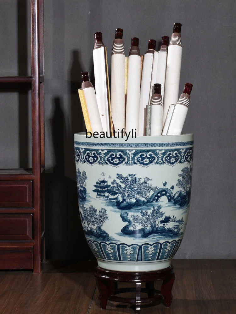 Ceramic Painting and Calligraphy Cylinder Scroll Cylinder Pen Container Storage Cylinder Living Room Floor Stand Decoration