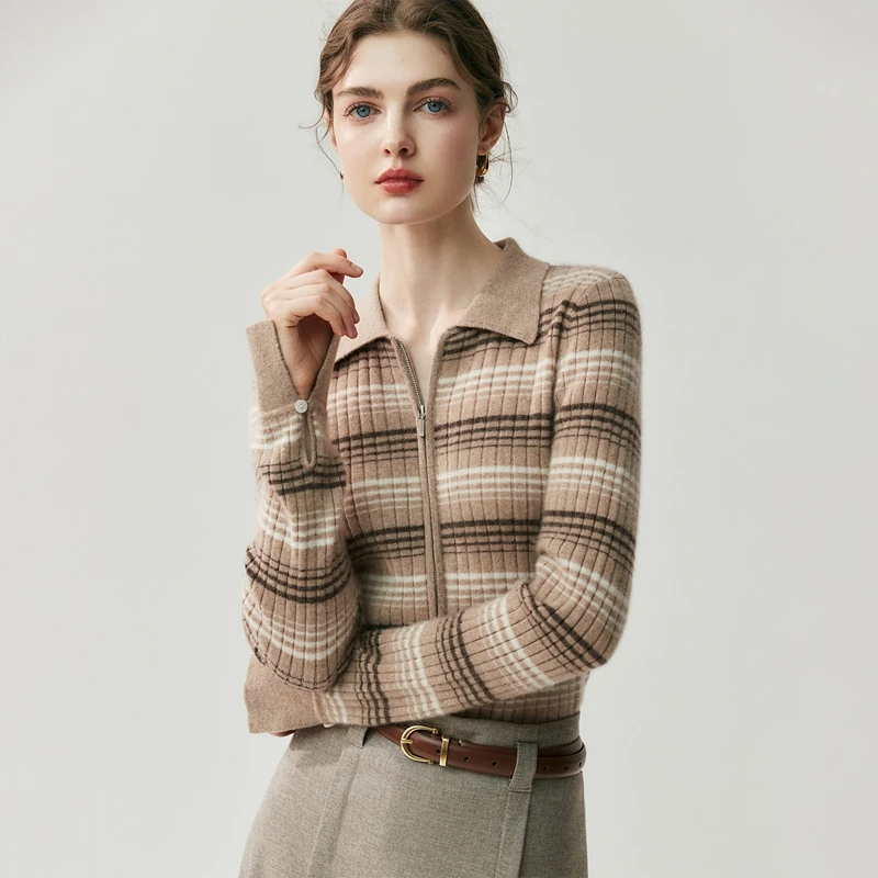 

ANGEL Women Slim Zipper Cardigan 100% Cashmere Sweater Autumn Winter Luxury Strip POLO Neck Shirt Cashmere Knitted Cardigan Top