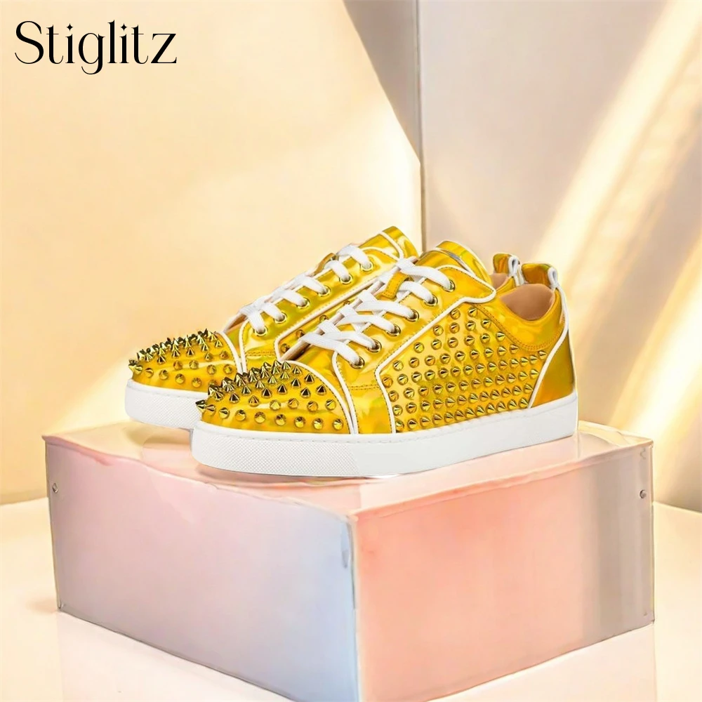 Black Matte Leather Rivet Sneakers Fantasy Colors Yellow Patent Leather Studded Shoes Men's Fashion Designer Style Lace-Up Flats