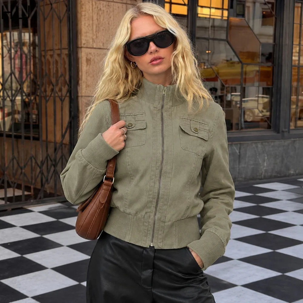 HLJ Women Cargo Jacket Stand Collar Zip Up Crop Coat Multi Pockets Slim Waist Vintage Long Sleeve Casual Streetwear Outerwear