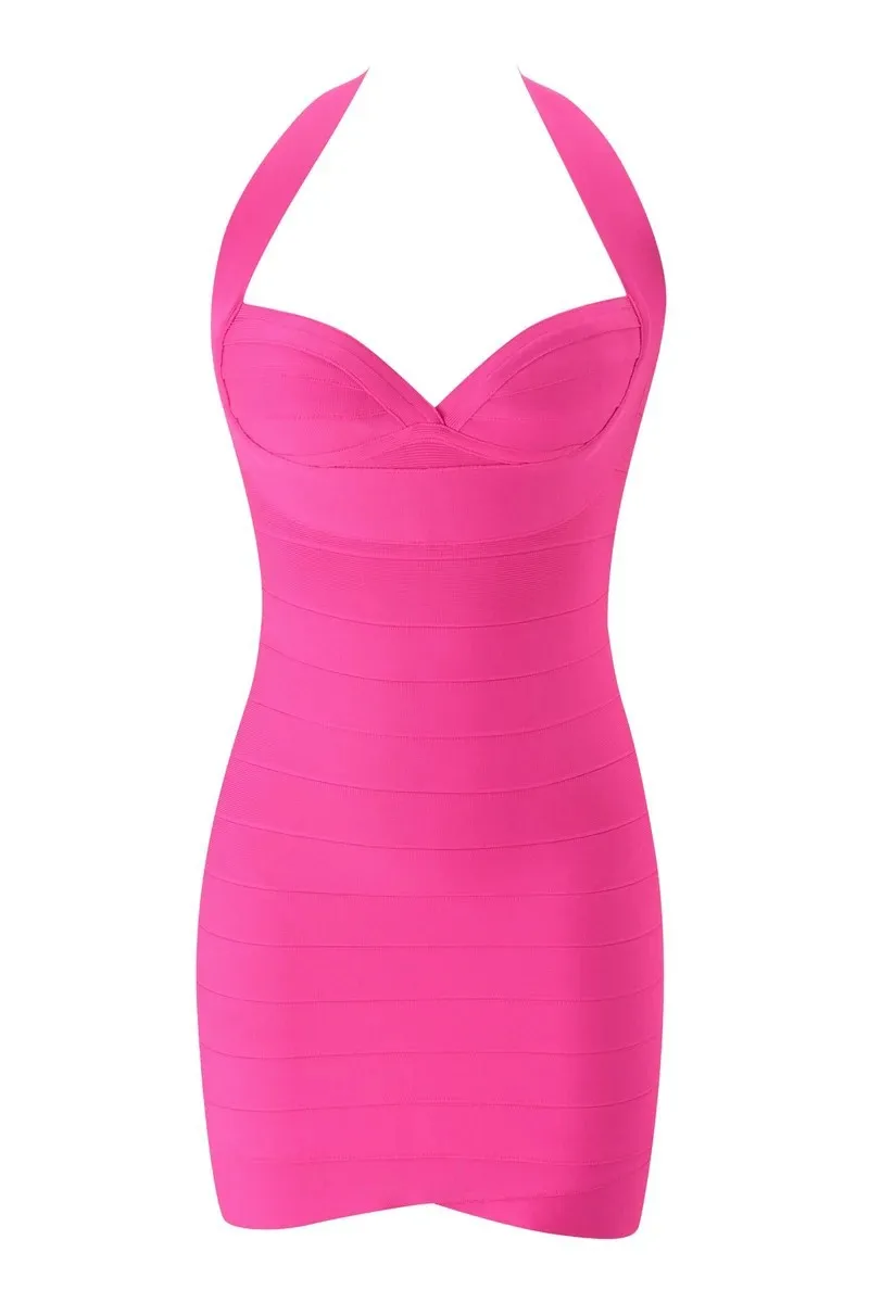 Sexy Neckholder V-Ausschnitt Mini Bandage-Kleid Bodycon Ärmelloses Club-Party-Kurzkleid – Detail 21
