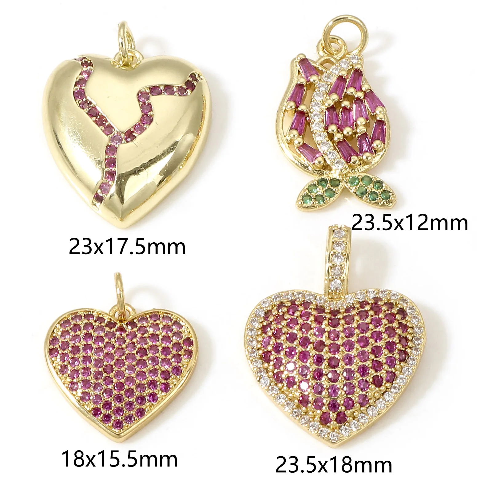 1pc Copper Charms Valentine's Day Gold Color Heart Micro Pave Fuchsia Cubic Zirconia Pendant DIY Jewelry Making Women Necklace