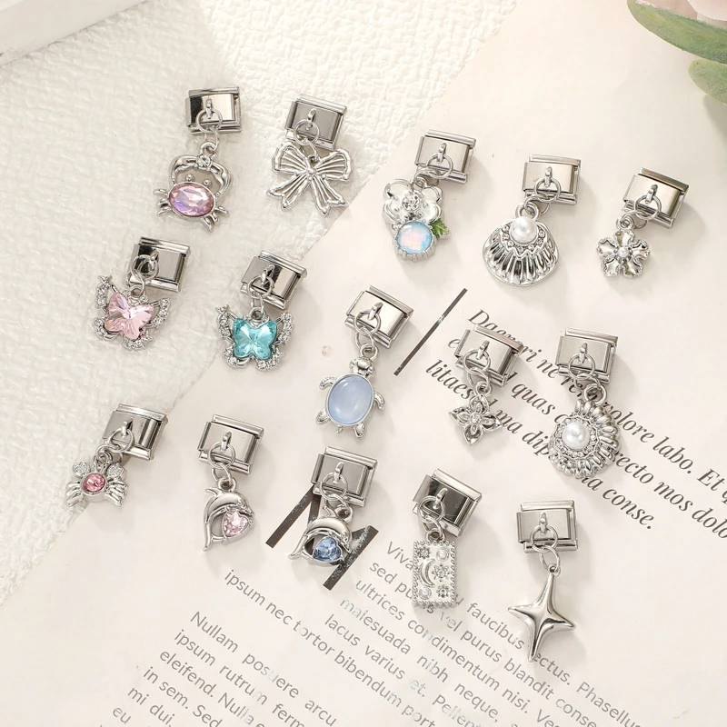 Breloque italienne en acier inoxydable 9 mm avec zircon brillant, motifs papillon, dauphin, cœur, crabe, pour bracelet, bijoux femme, fabrication DIY, vente en gros