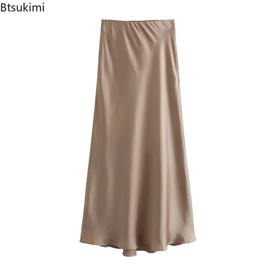 New Women's Elegant Satin Silk Long Skirt French Style High Waist Solid Color A Line Skirt Dress Office Ladies Formal Half Skirt