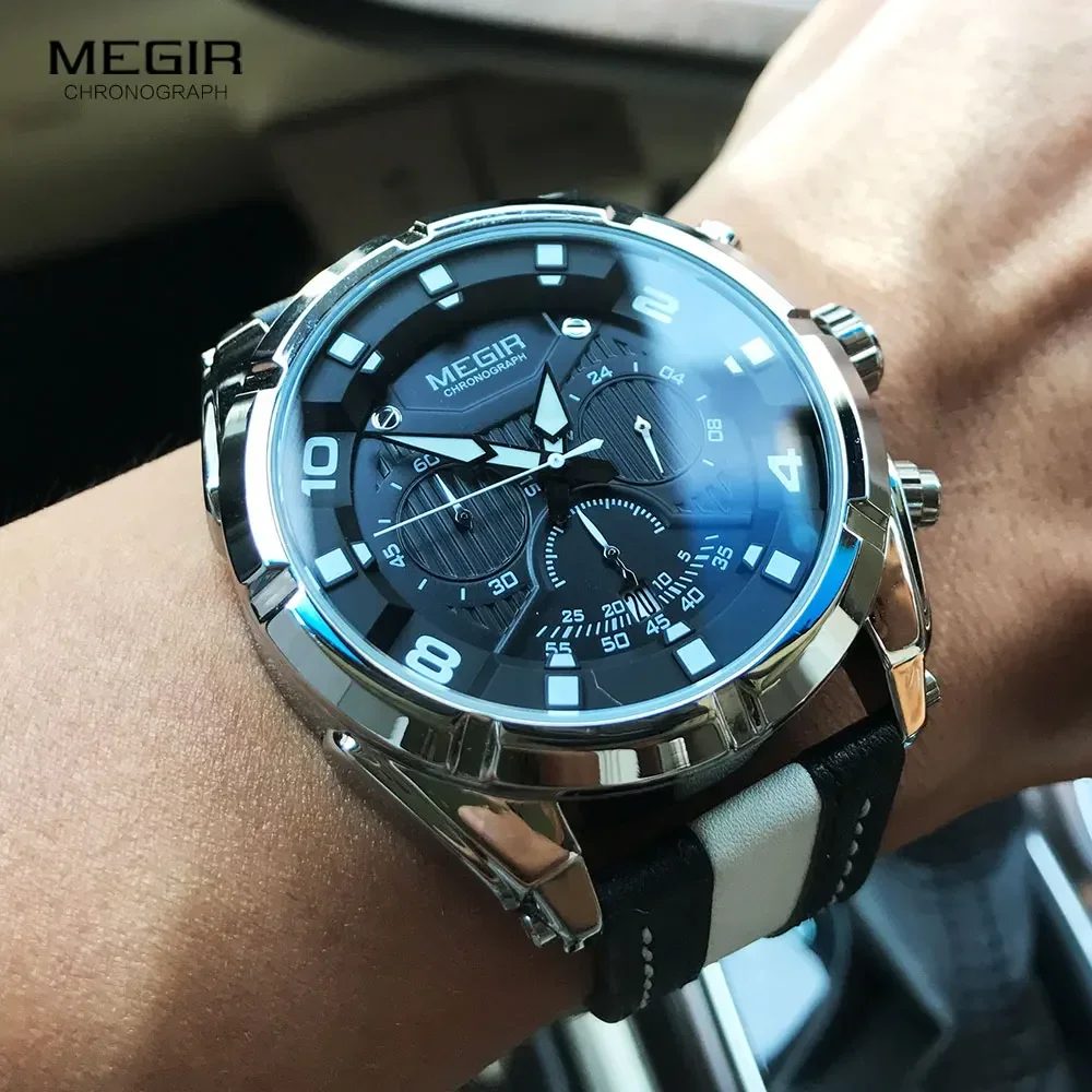 MEGIR Fashion Men's Chronograph Quartz Watches Leather Strap Luminous Hands 24-hour Sports Analogue Wristwatch for Man 2076White