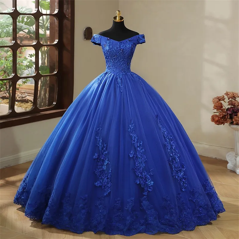 2024 New Blue Quinceanera Dresses Sweet Flowers Party Dress Luxury Lace Ball Gown Vintage Boho Vestidos Pluse Size Custom Color