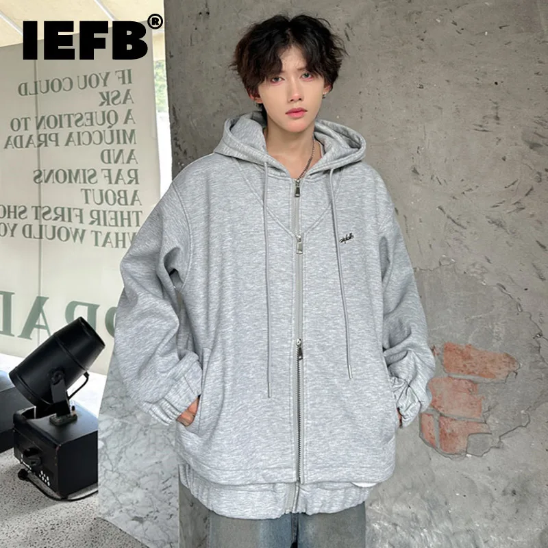 IEFB Fashion Hooded Men's Sweatshirt Shoulder Pad  Double Zippers Drawstring Letter Embroidery Male Hoodies 2024 Autumn 9C9028