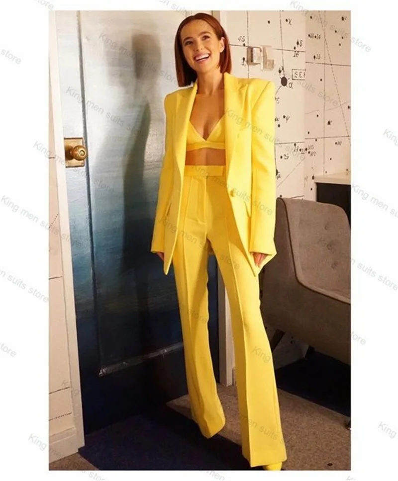 Traje de algodón amarillo para mujer, Conjunto de sujetador Sexy, Blazer y pantalones, 3 piezas, vestido Formal de graduación, abrigo de oficina, chaqueta de sastre