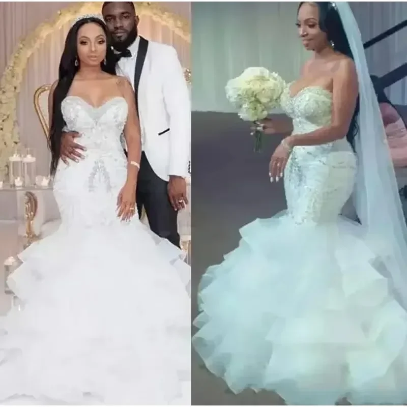 Customized Sweetheart Organza Beads Mermaid Wedding African Tiers Fitted Lace Country Applique Bridal Gown Train Bride Dress