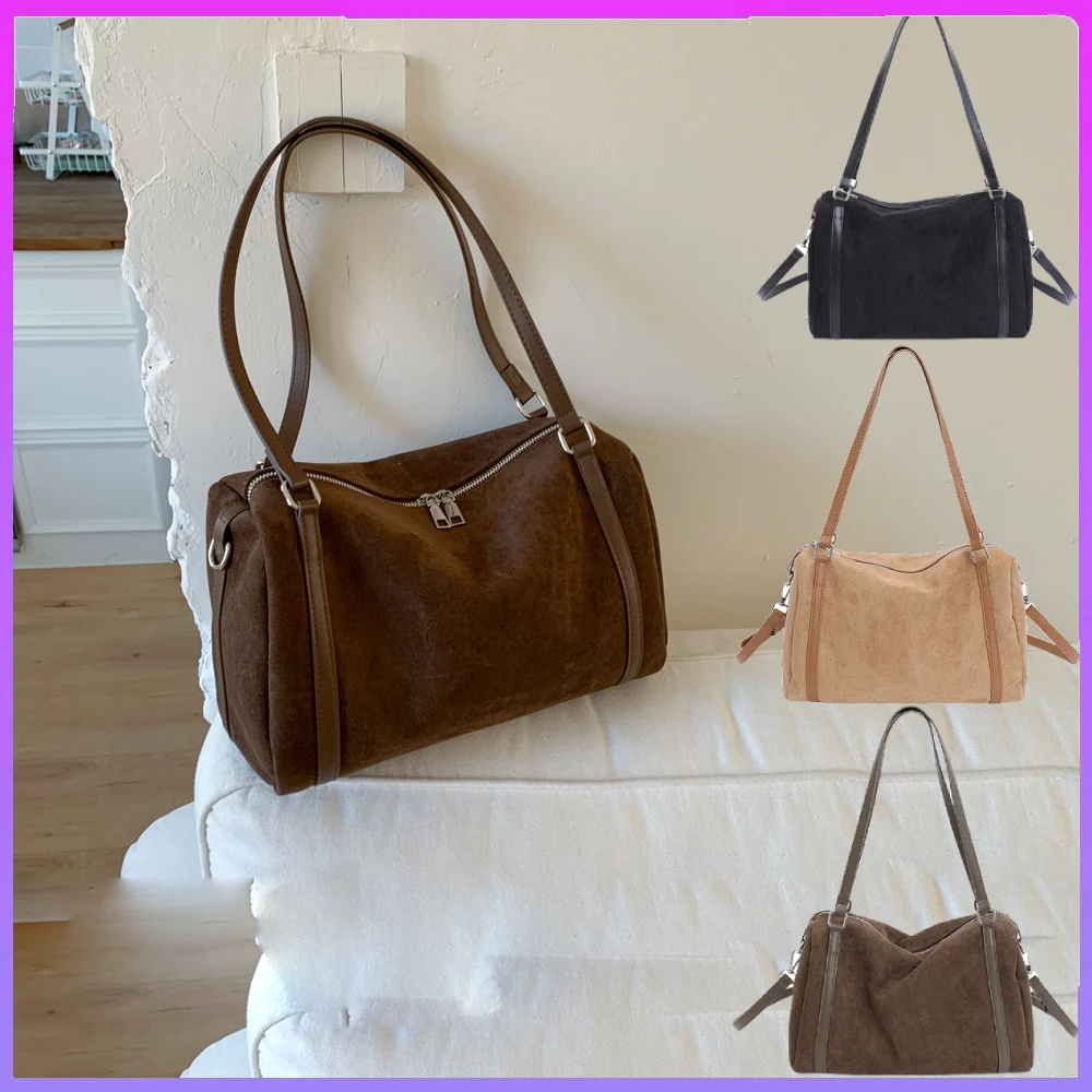 

Замшевая кожаная сумка через плечо, винтажная сумка-тоут, большая вместительная зимняя сумка из нубука для ленивых поездок, верблюжий европейский и американский стиль