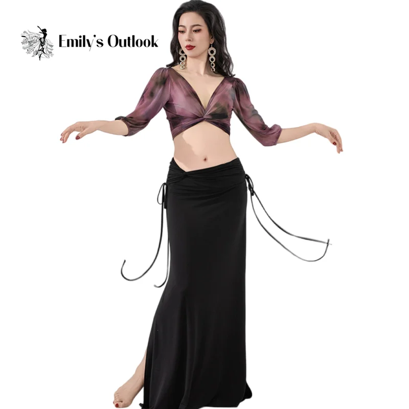 2026 Bellydance Costume Long Sleeve Floral Print Gauze Top Modal Long Skirt Sexy Oriental Dancer Practice Clothes Stage Show