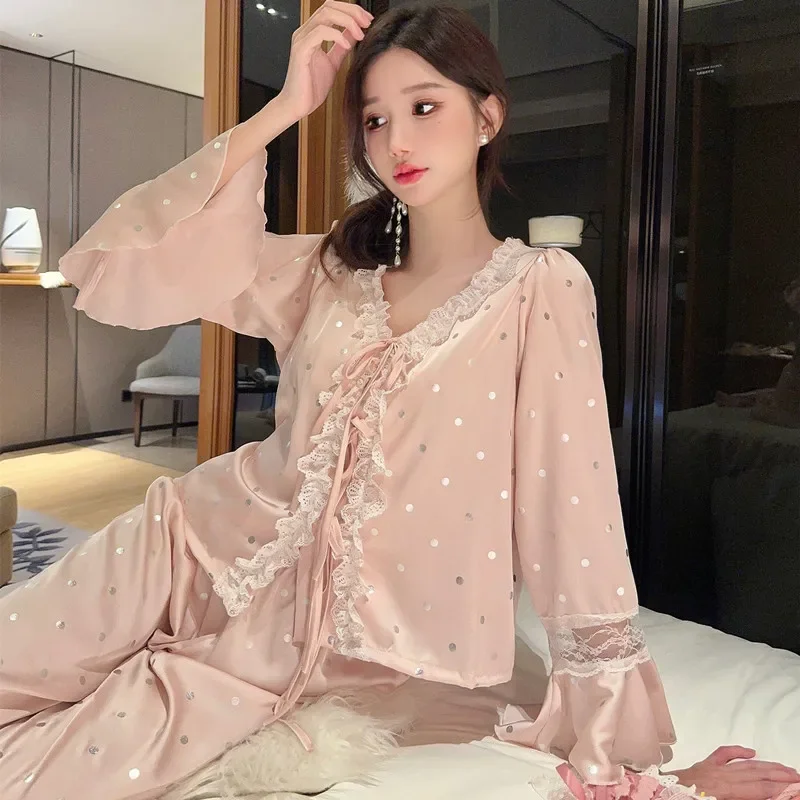 

Women Long Pajamas Suit 2Pcs Satin Sleepwear Sweetheart Print Nightwear Long Sleeve Shirt Pants Pyjamas Casual Loungewear