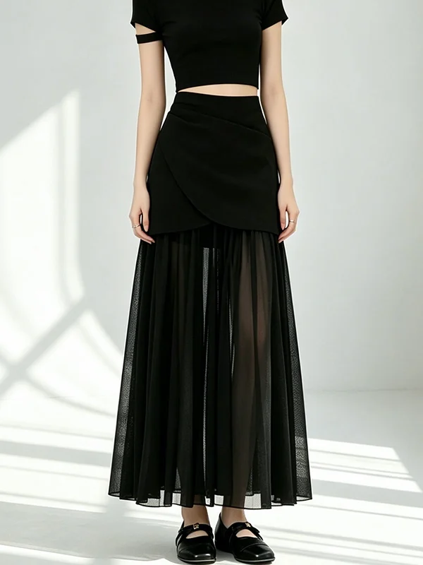 Black Chiffon Midi Skirt High Waist A-Line Umbrella Skirt Women's Summer New Style Commute Korean Version Splice Casual Other...