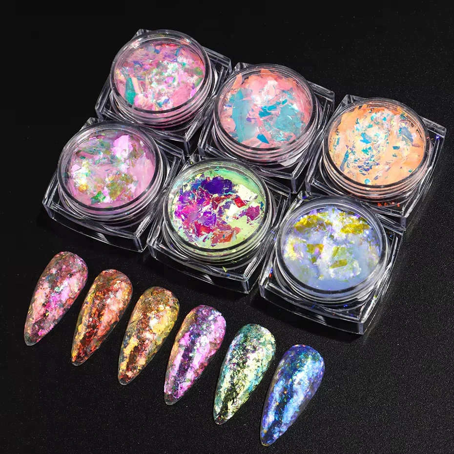 6pcs Aurora Opal Nail Glitter Rainbow Nail Pigment Crystal Mermaid Aurora Dreamy Cloud Nail Sequins Dreamy Nail Art Decorations