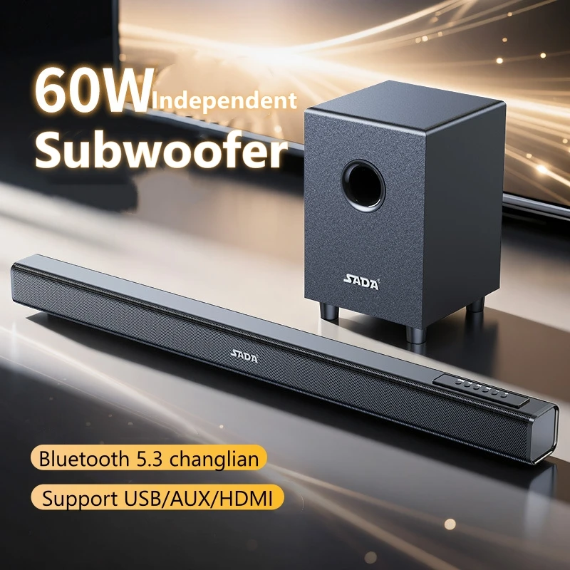 Soundbar with Subwoofer, SADA 60W Dolby Atmos Bluetooth 5.3 Surround Home Theater Speakers HDMI AUX USB for TV Gaming