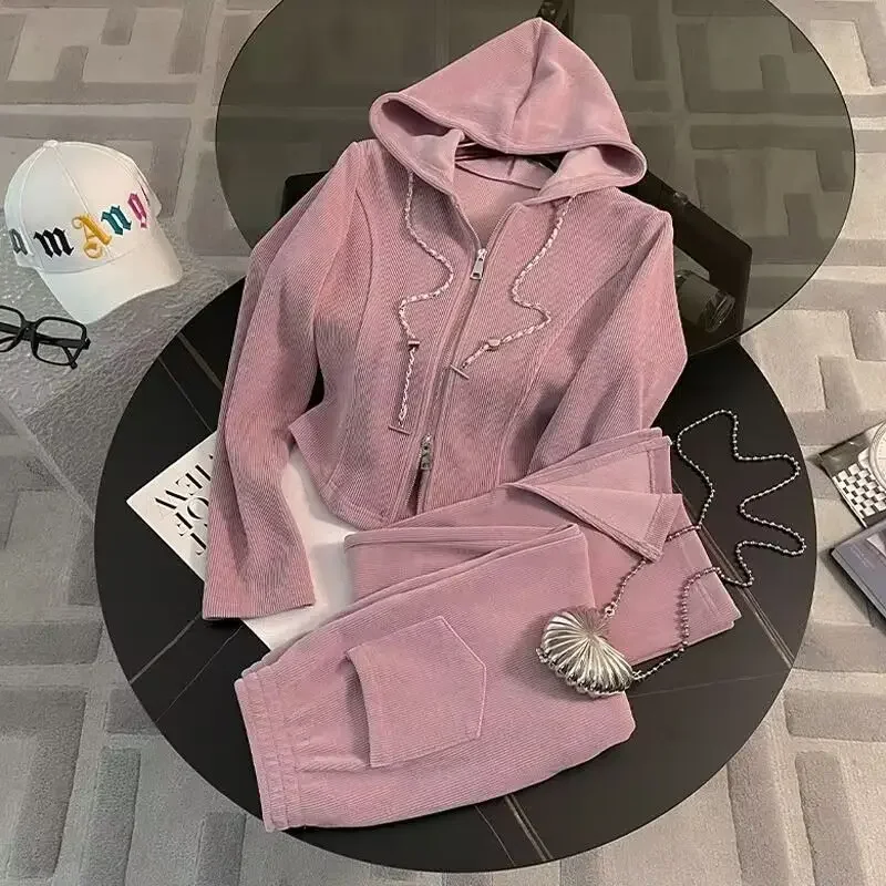 

Women Two Piece Set Tracksuit Pant Sets Coat Hooded Zipper Sweatshirts Pockets Solid Wide Leg Pants Sporty Suits Autumn
