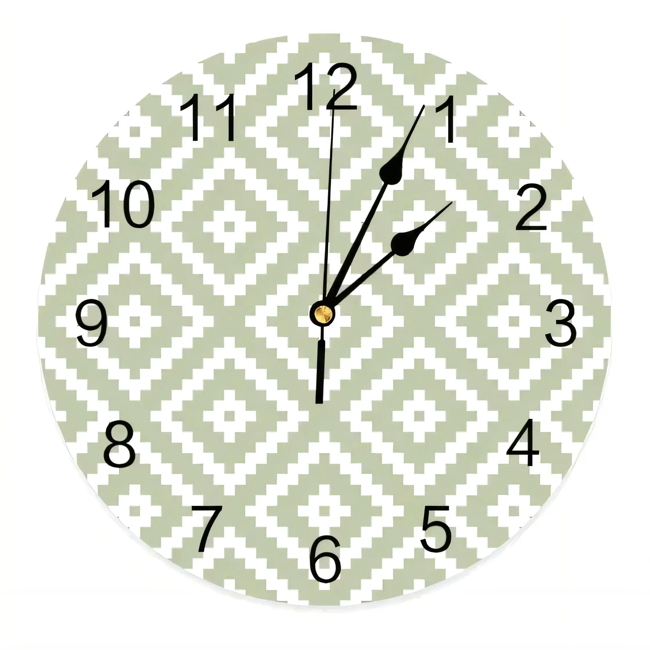 Modern Round Wall Clock  Sage Green Geometric Pattern Silent Non Ticking Battery Operated Decorative Home Office