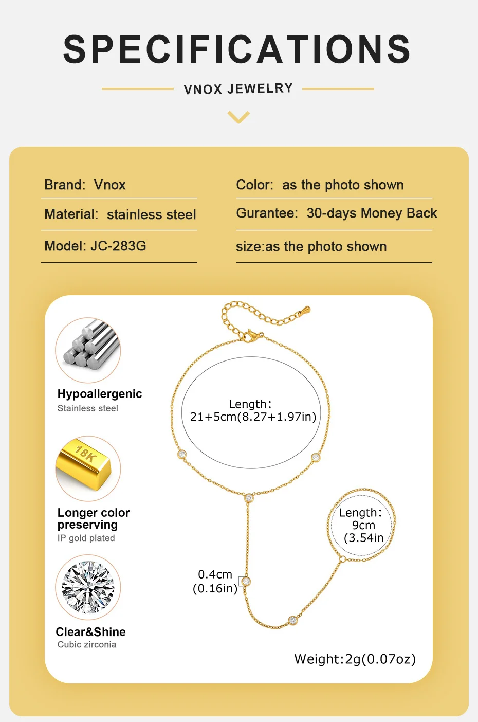 Vnox Bohemia Edelstahl Zehenring Fußkettchen für Damen, vergoldet, mit weißem Zirkon, Kettenfußkettchen, Barfuß-Feiertags-Strandfußschmuck – Detail 4