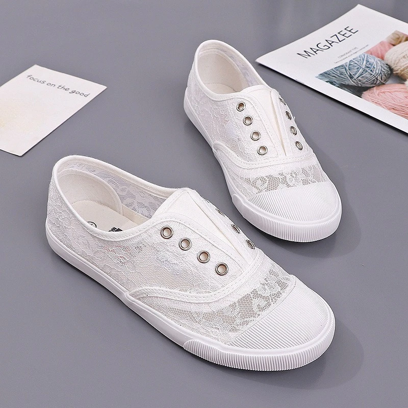 Women's Lace Hollow-Out Canvas Flats Breathable White Ballet-Inspired Sneakers Comfortable All-Match Footwear Lightweight Shoes view 3