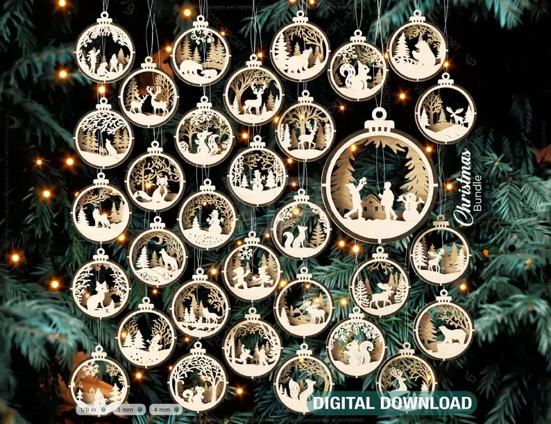 

Bundle of 3D Christmas Ornaments Tree Decorations Craft Set Hanging Bauble with Snowy Scene New Year Laser Cut Digital Download