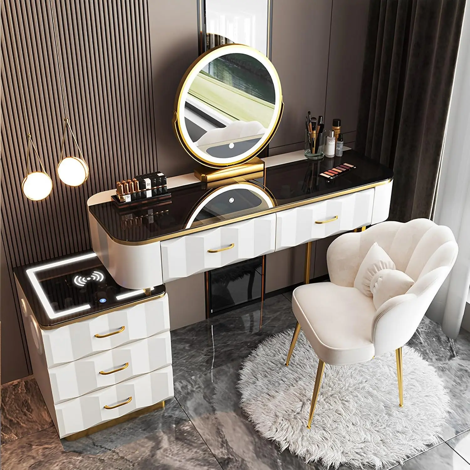 Makeup Vanity Set with Wireless Charging Station, Dressing Table with Mirror and Lights