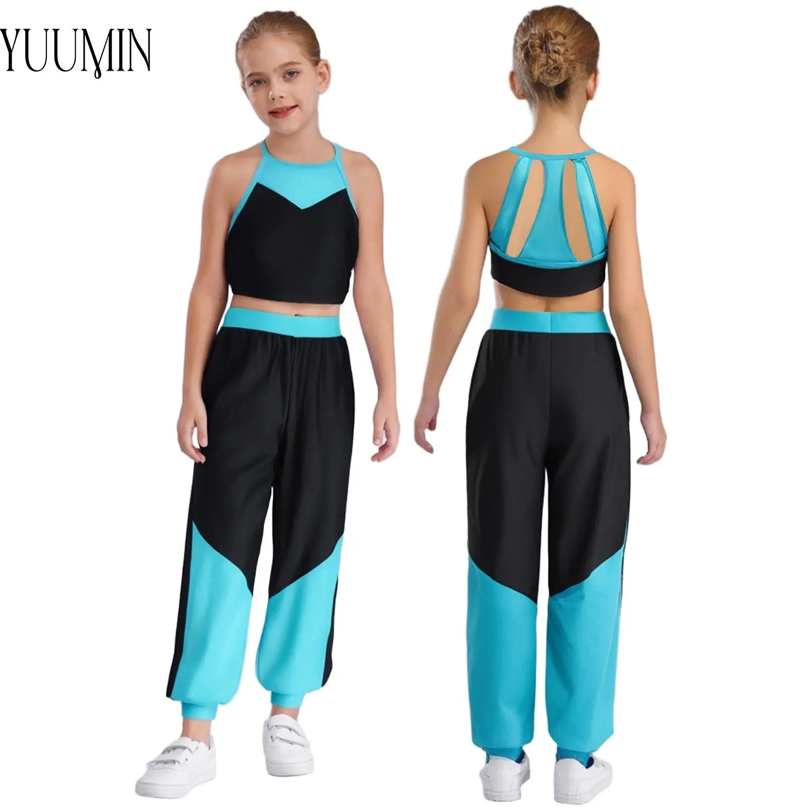 

Kids Girls Color Block Sports Set Sheer Mesh Cutout Back Crop Top+Elastic Waistband Pants Sets Workout Running Sportswear Outfit