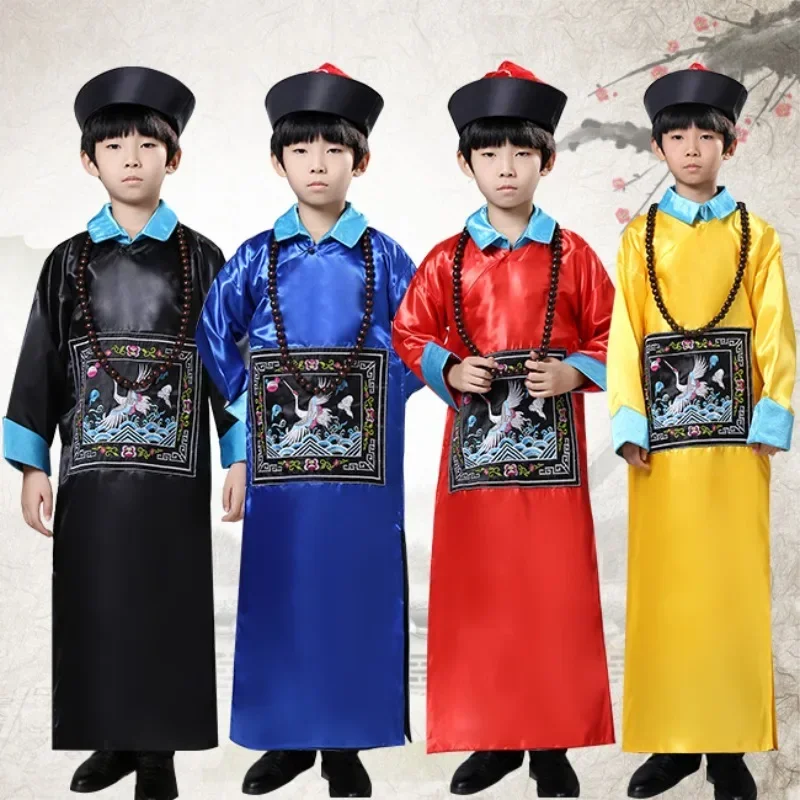 Ancient Qing Dynasty Officials Ministers Cosplay Suit with Hat Boy Horror Chinese Traditional Children Zombie Costumes Halloween