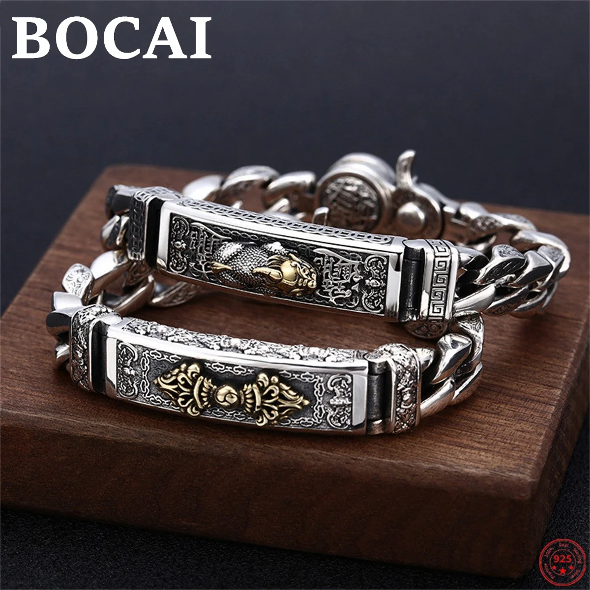 BOCAI S925 Sterling Silver Bracelet Rotatable Six Syllable Mantra Vajra Pestle PiXiu Bangle Pure Argentum Amulet Jewelry for Men