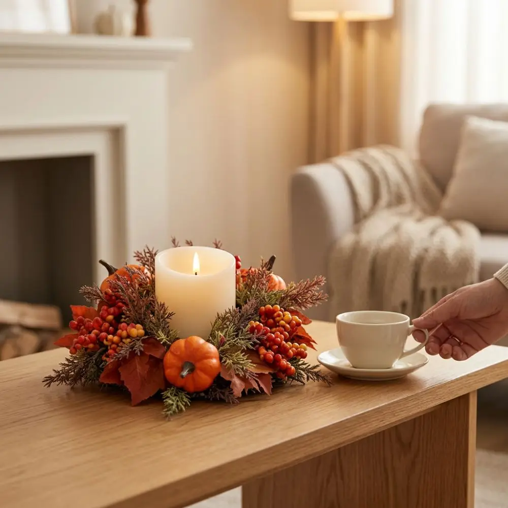 Fade Resistant Autumn Pumpkin Candle Holder Long Lasting Simulated Plant Artificial Maple Wreath Rustic Vintage Style