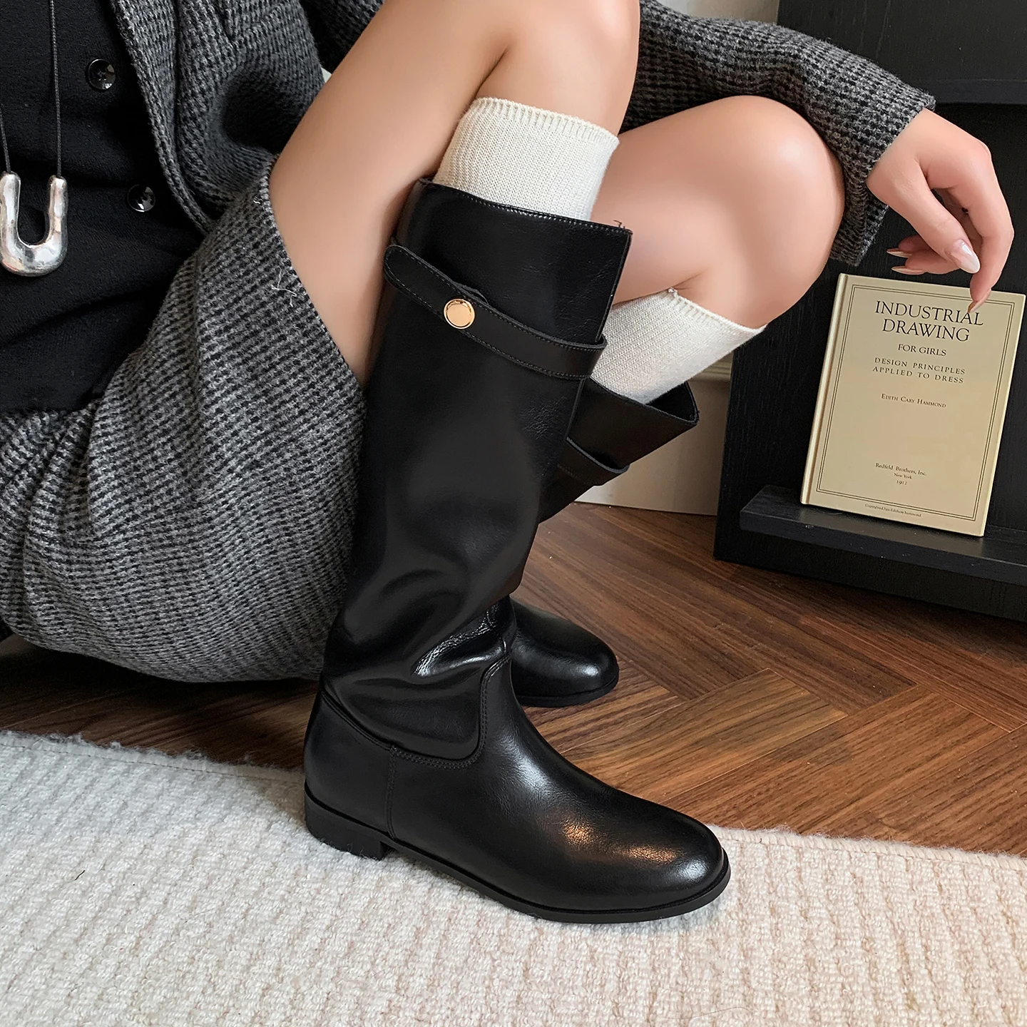 ArdenFurtado Genuine Leather High Boots Women Buckle Middle Heel Knee High Boots Women's Boots Knee High Cowhide Boots Large 42