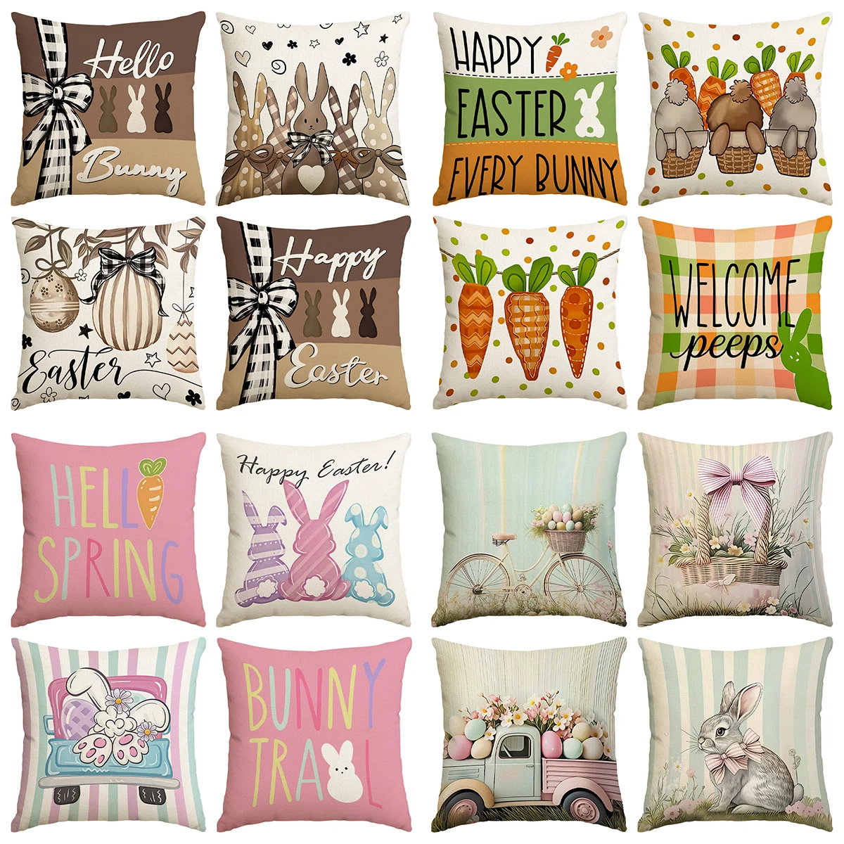4 Stück Frühlings-Ostern-Fröhliche Kissenbezüge, süßes Kaninchen, Pflanzenblumen, Osterei-Druck, Heimdekoration, Bauernhaus-Sofa-Kissenbezug