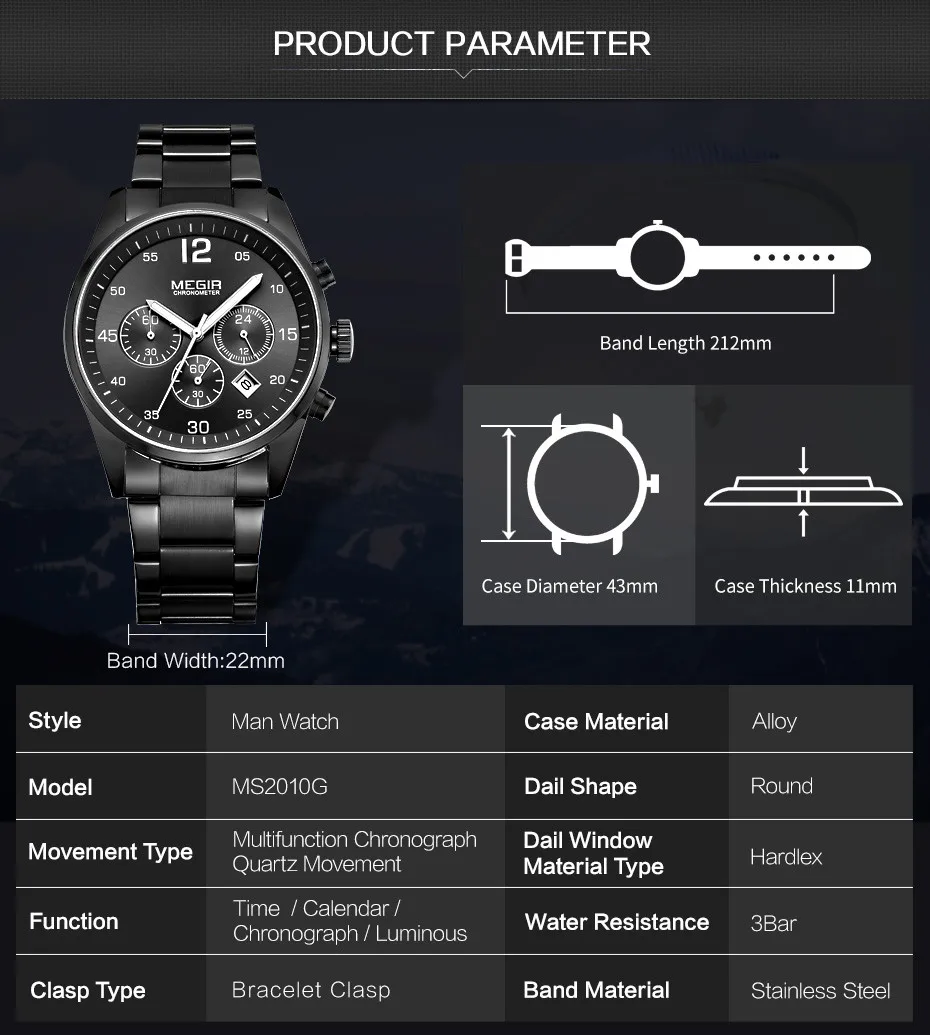 MEGIR 2010 Business Simple Big Dial Watch Stainless Steel Band Calendar Luminous Hands Waterproof Men Quartz Watches