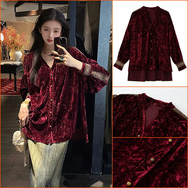 

National Style New Wrinkled Bronzing Ethnic Style Velvet Shirt New Chinese Style High-definition Long-sleeved Top for Women