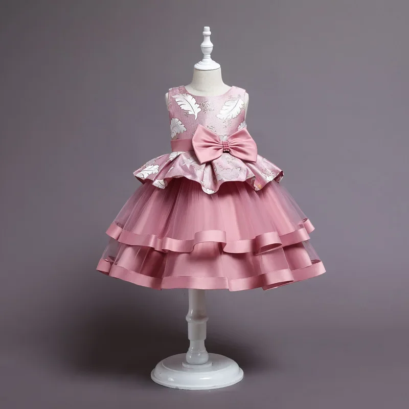 

Kid Sleeveless Jacquard Bodice Dress Tiered Tulle Children Large Bow Bead Accent Putty Skirt Girls Satin Ribbon Trim Party Gown