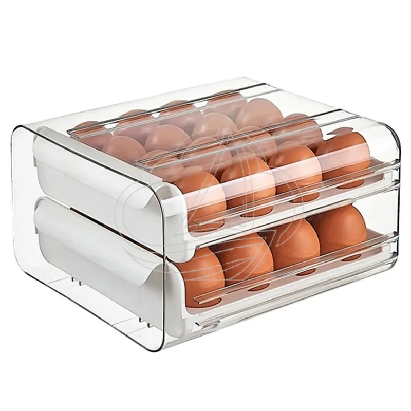 Double Layer 32 Grid Transparent Egg Storage Box Drawer Type Refrigerator Egg Holder Plastic Organizer