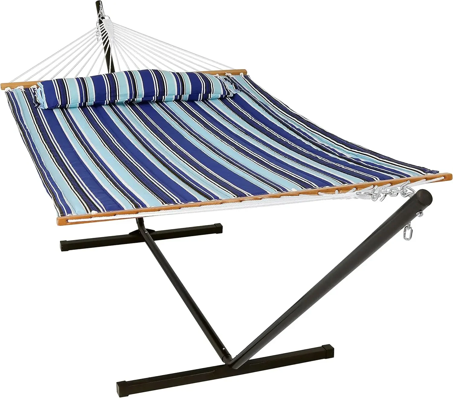 Double Quilted Fabric Hammock with 12-Foot Stand and Pillow - 350-Pound Capacity - Black Stand - Catalina Beach