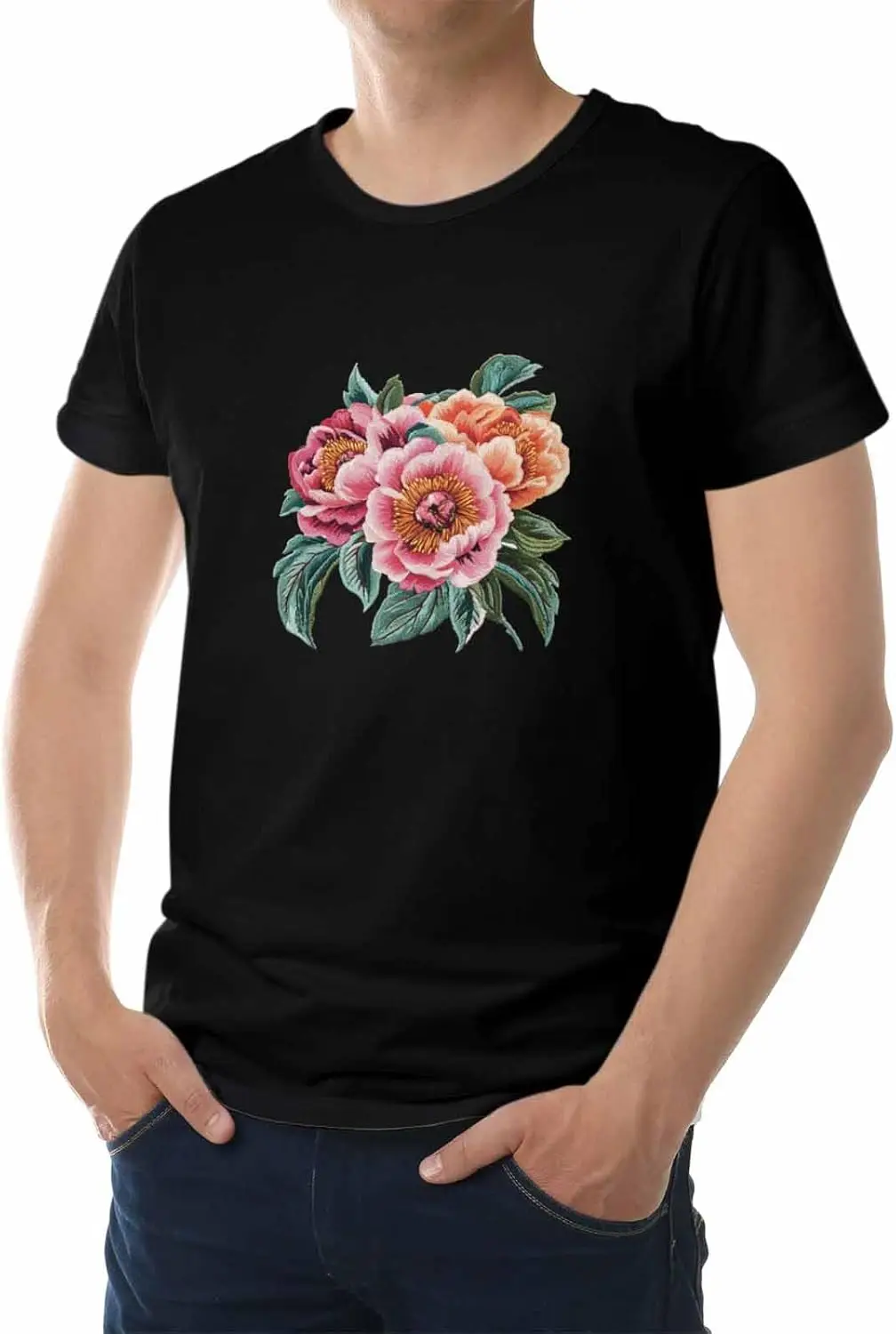 Men's T-Shirt, Novelty Graphic T-Shirt Peony Flowers Embroidered Cotton Crew Neck Men's Short Sleeve Basic Tshirts Black-L