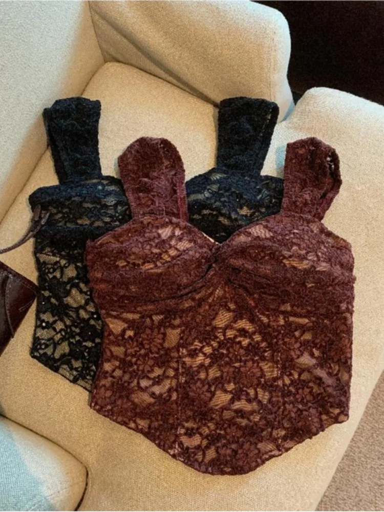 

Retro Lace Halter Vest Women's Design Sensual Short Irregular Base Shirt Spring Sexy Inner Wear Top Korean Style Commute Wind