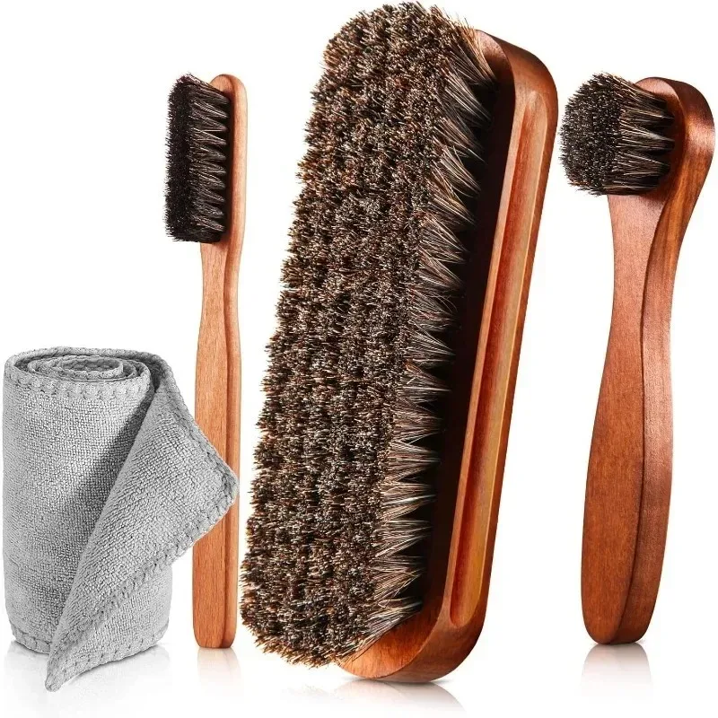 4Pcs Horsehair Shine Shoes Brush Kit Polish Dauber Applicators Cleaning Leather Shoes Boots Care Brushes Suede Cleaner Brush