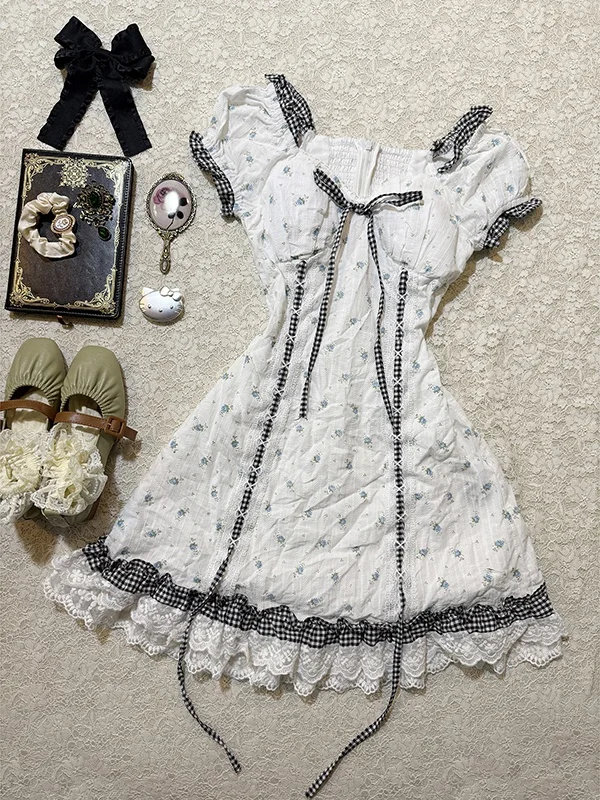 فستان صيفي أصلي بطباعة زهور عتيقة للنساء، تنورة قصيرة من الدانتيل بتصميم A-Line، مزيج قطني مريح بأكمام قصيرة