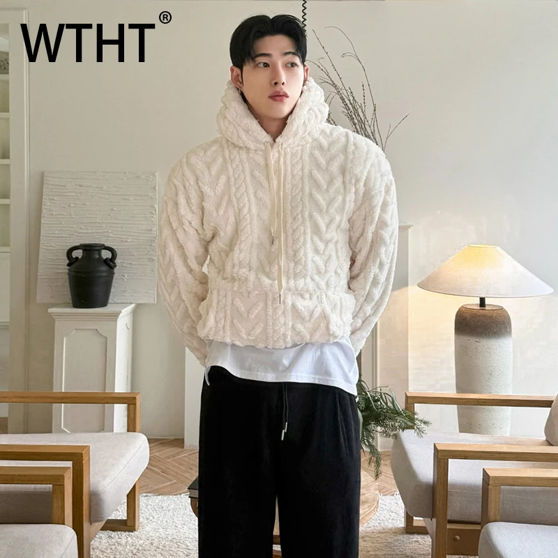 WTHT Tremdy Men's Solid Color Texture Drawing Knit Sweater Fashion Hooded Long Sleeves Casual Pullover Male 2025 Winter 2A2488