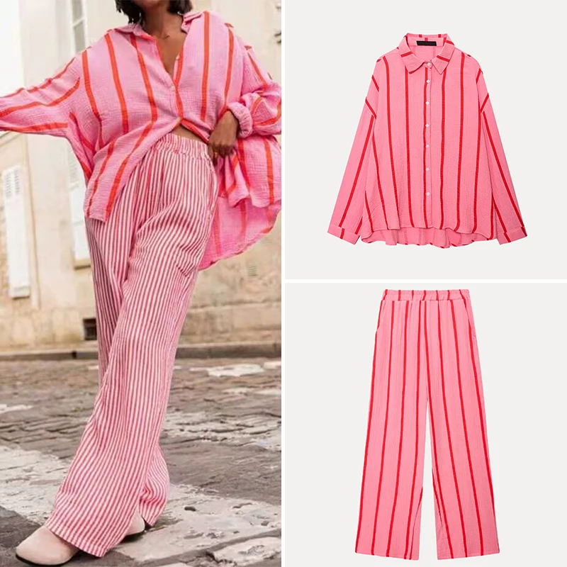 طقم نسائي صيفي جديد لعام 2025، قميص فضفاض مخطط من القطن الفقاعي مع بنطلون واسع الساق، تصميم عصري بأكمام طويلة وياقة بولو وأزرار