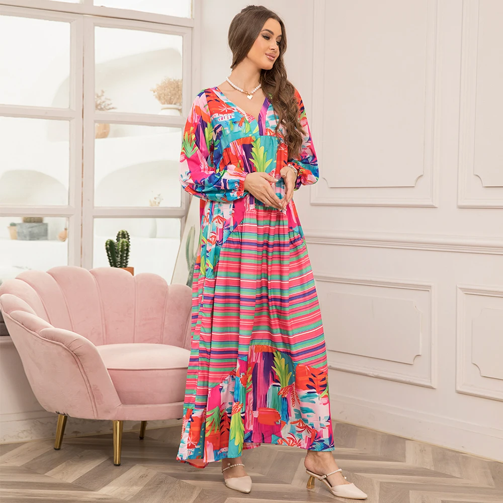 Sweet V-neck Printing Irregular Regular sleeve Long Dresses