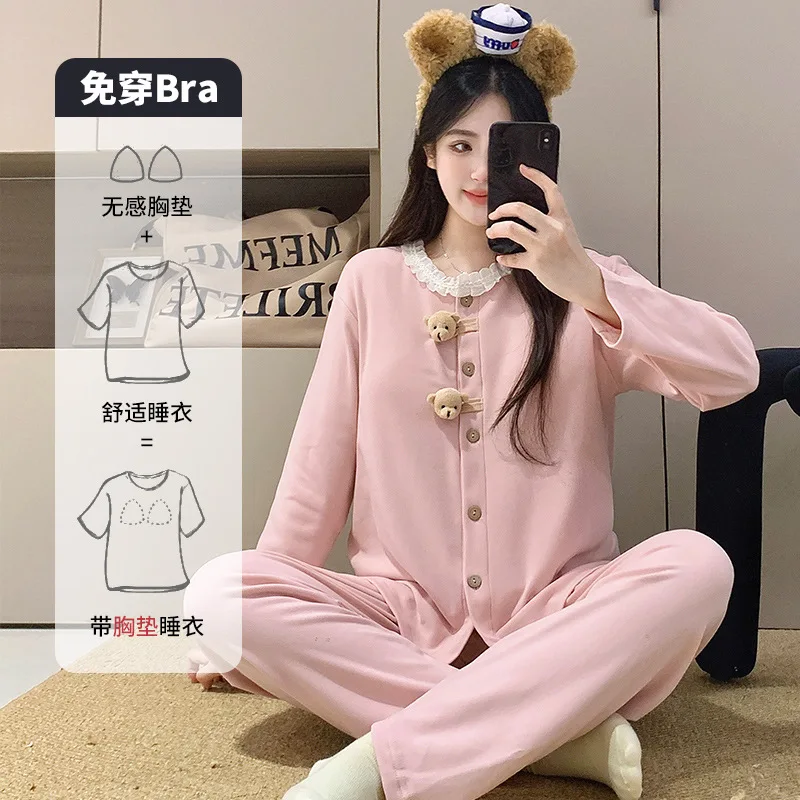 

M-2XL женская немецкая флисовая пижама с подушечками на груди, зимний утепленный кардиган в корейском стиле с героями мультфильмов, комплект одежды для дома с длинными рукавами