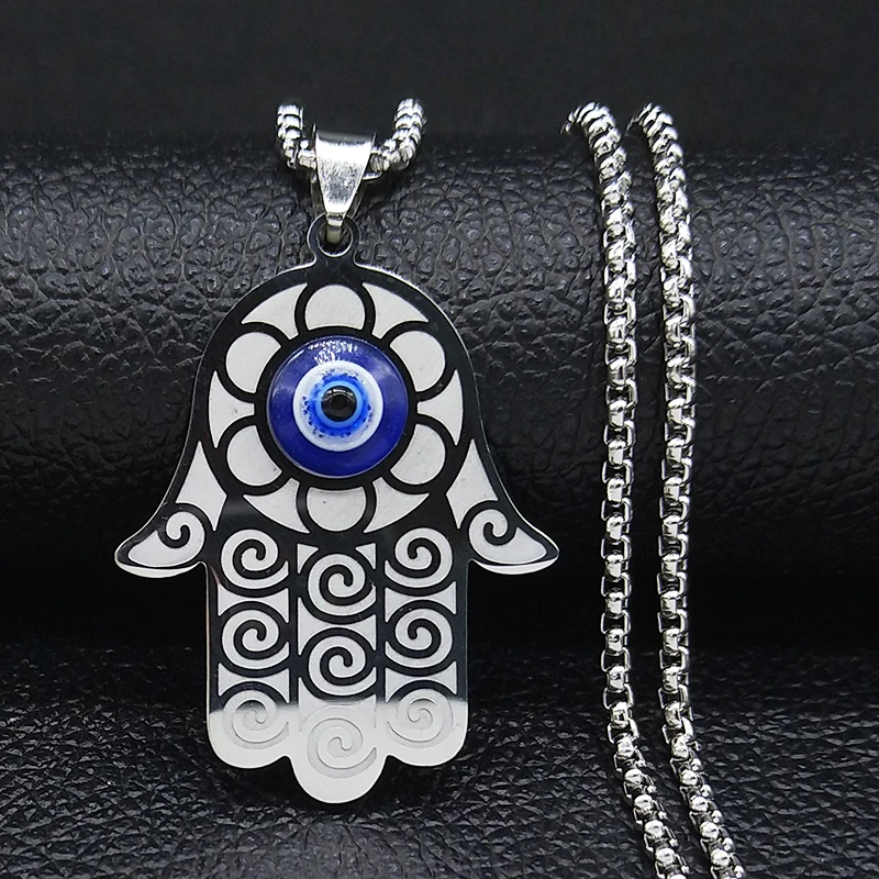 2024 Blue Eyes Hamasa Hand Stainless Steel Statement Necklace Women Silver Color Big Necklace Jewelry collares mujer N1140S02