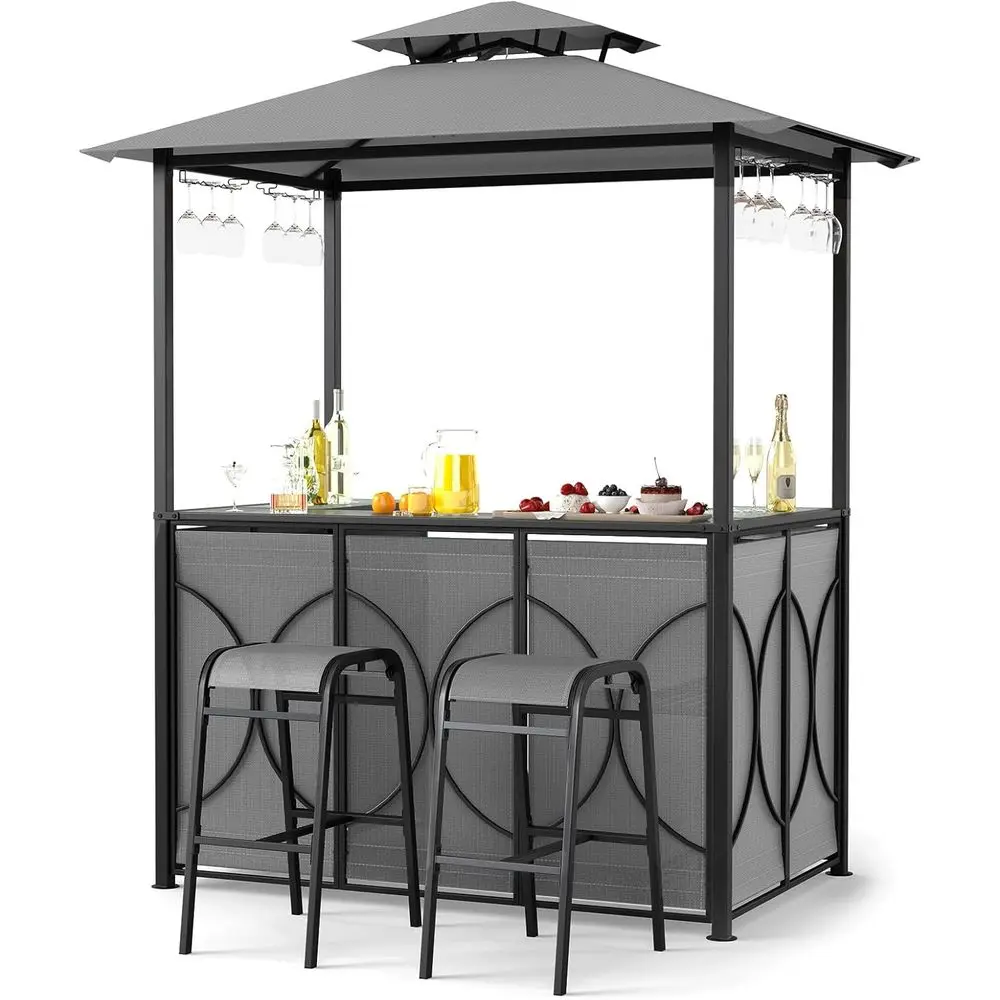 

Grey Outdoor Patio Bar Set with 2 Stools, Tempered Glass Table, Metal Shelves, and Double-Tier BBQ Gazebo